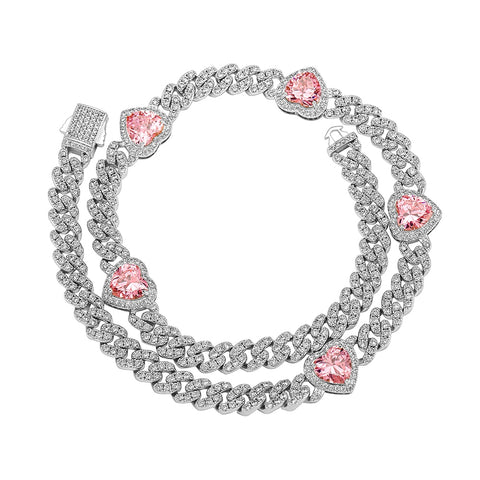 14mm Pink Heart Cuban Link Necklace