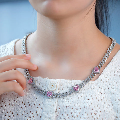 14mm Pink Heart Cuban Link Necklace