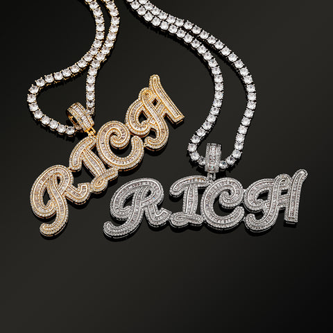 Diamond Baguette Cursive Custom Name Pendant Necklace