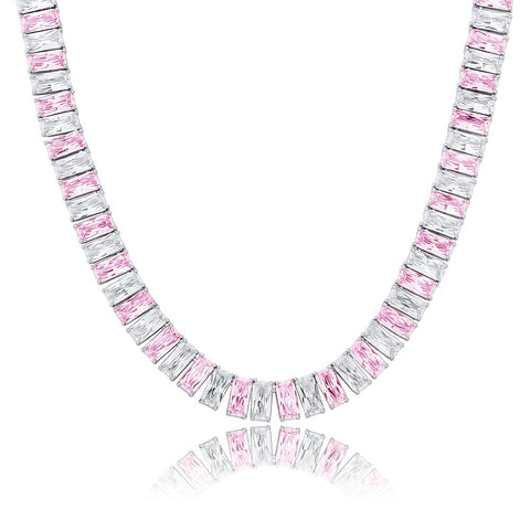 Pink & White 10mm Baguette Tennis Necklace