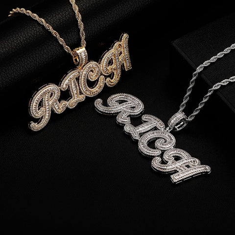 Diamond Baguette Cursive Custom Name Pendant Necklace