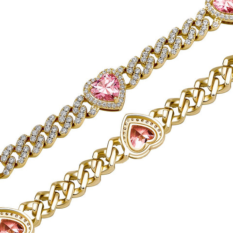 14mm Pink Heart Cuban Link Necklace