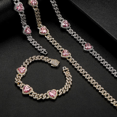 14mm Pink Heart Cuban Link Necklace