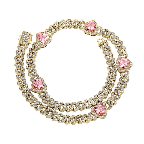 14mm Pink Heart Cuban Link Necklace