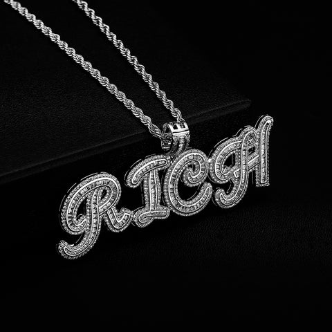 Diamond Baguette Cursive Custom Name Pendant Necklace