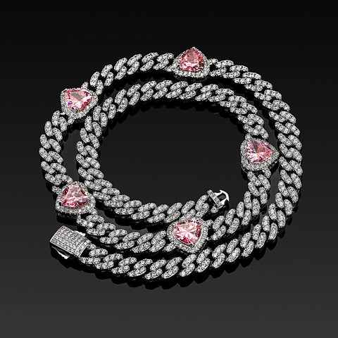 14mm Pink Heart Cuban Link Necklace