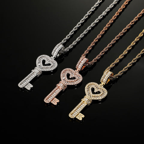 Diamond Baguette Key Pendant Chain