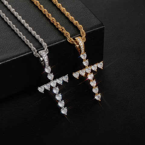 Heart-Shaped Diamonds Cross Pendant Necklace